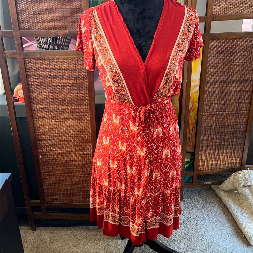 Temofon Red Floral V-Neck Dress